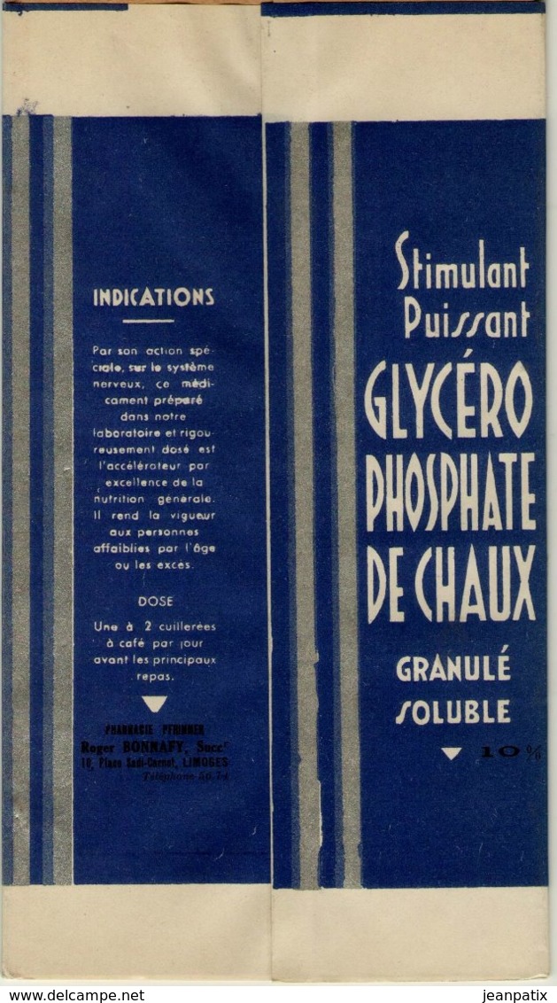 Boite Carton Pharmacie - Non Dépliée - Glycéro Phosphate De Chaux - Pharmacie BONNAFY - LIMOGES - Matériel Médical & Dentaire