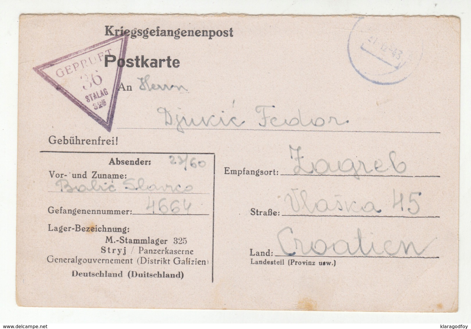 WWII 1943 Kriegsgefangenenpost POW Postcard From Stalag 325 Stryj Panzerkaserne To Zagreb Croatia *b190920 - Lettres & Documents