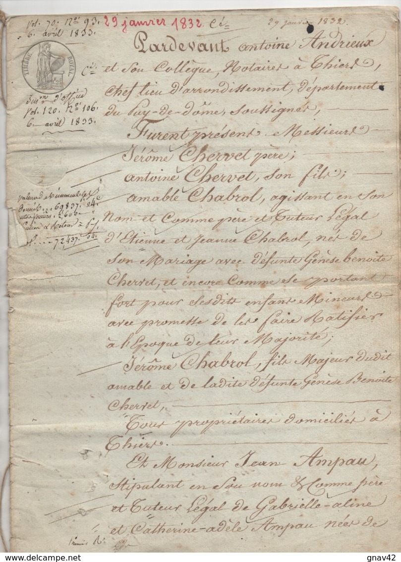 Thiers  Puy De Dôme Partage Donnation  Dont 2 Ruches à Miel Estimées 24 Francs 1832 De 16 Pages - Manuscrits