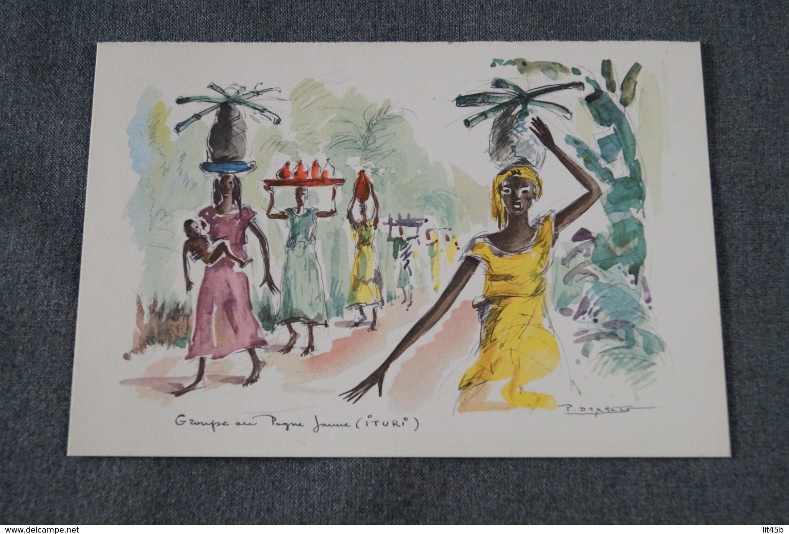 RARE Oeuvre De  Paul DAXHELET,Afrique,Groupe Au Pagne Jaune ( Ituri ) 27 Cm. Sur 21 Cm. - Art Africain