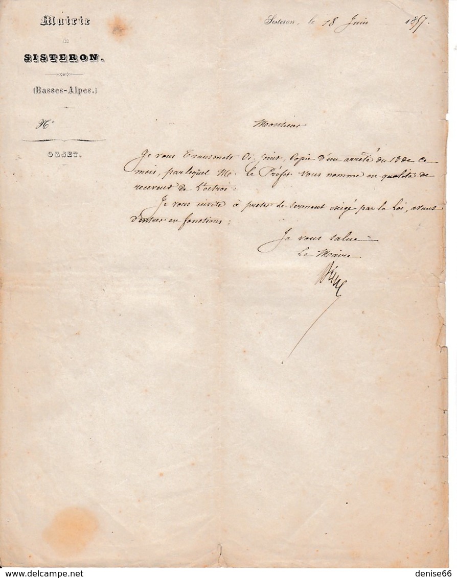 1857 - SISTERON - Nomination En Qualité De RECEVEUR DE L'OCTROI - L.S. Du Maire De Sisteron - Documents Historiques