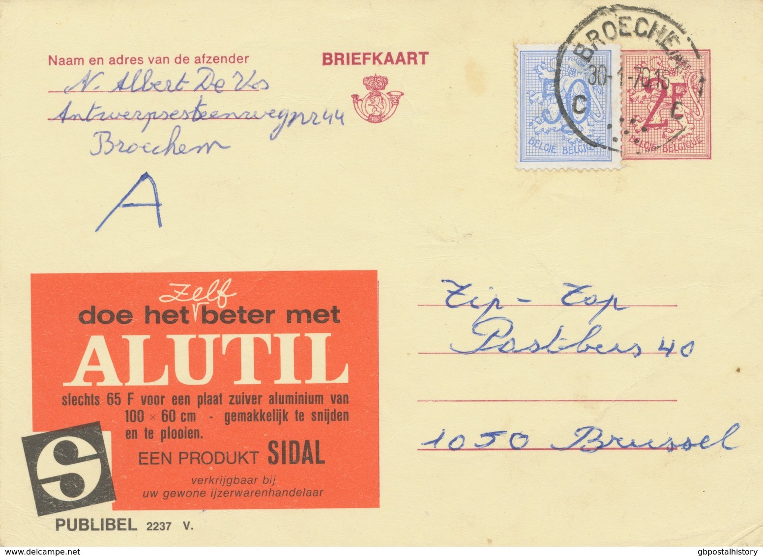 BELGIUM BROECHEM C (now Ranst) SC With Dots 1970 (Postal Stationery 2 F + 0,50 F, PUBLIBEL 2237 V) - Otros & Sin Clasificación