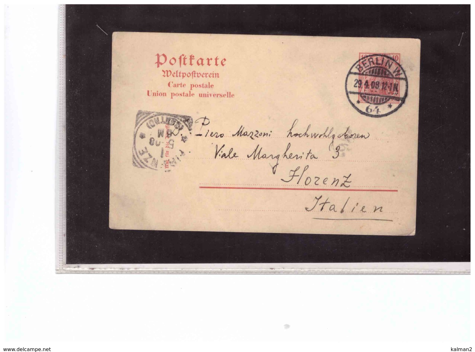 DE2507   -  BERLIN  29.4.1908    /    POSTKARTE  Pf.10  DIREKT NACH FLORENZ - Otros & Sin Clasificación