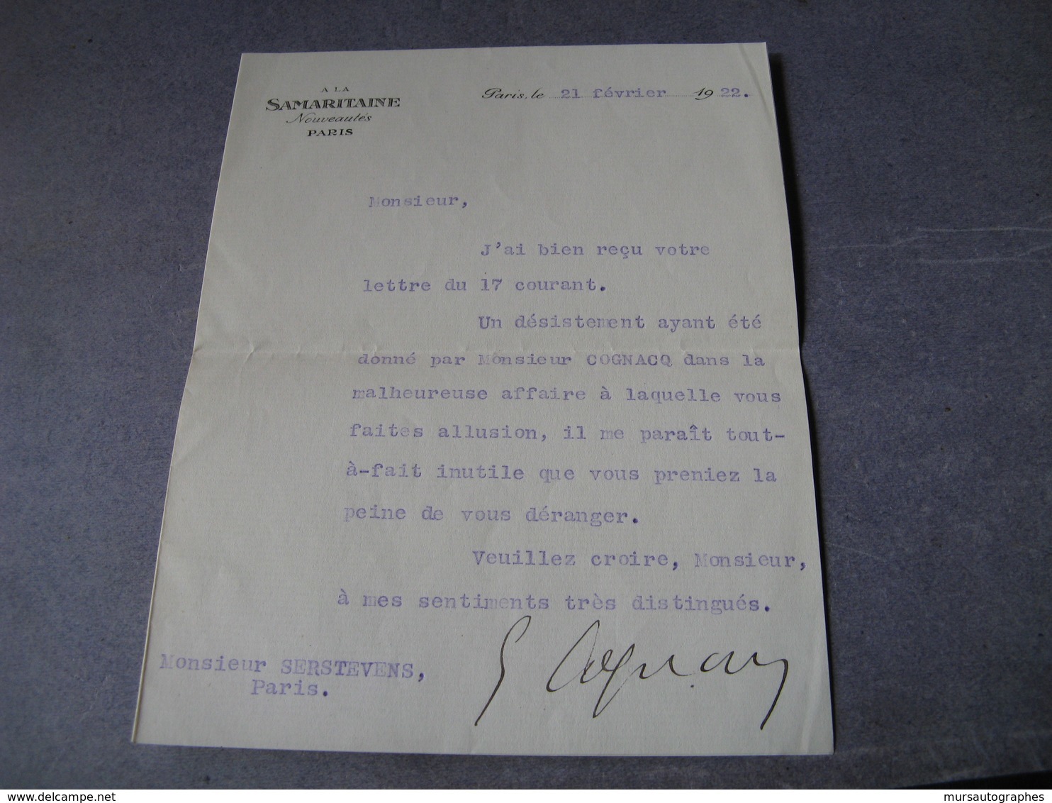 LETTRE SIGNEE D'ERNEST COGNACQ 1922 DIRECTEUR MAGASINS SAMARITAINE MECENE à ALBERT T'SERSTEVENS - Autres & Non Classés