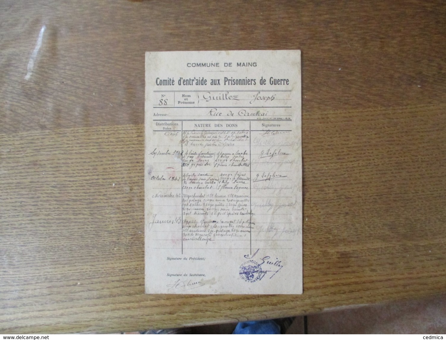 COMMUNE DE MAING COMITE D'ENTR'AIDE AUX PRISONNIERS DE GUERRE 1942 NATURE DES DONS GUILLEZ JOSEPH - Documents