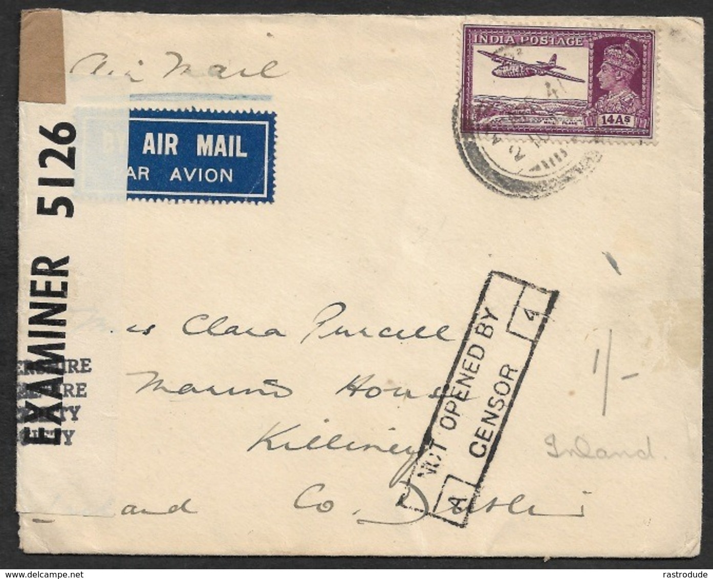 1941 INDIA AIRMAIL To IRELAND- Hs NOT OPENED BY / CENSOR - To KILLENEY, IRELAND - 1936-47 King George VI