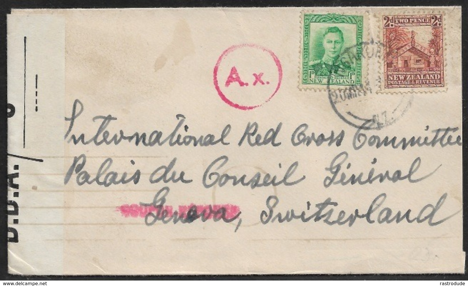 1944 NEW ZEALAND, NGARUAWAHIA To RC GENEVA - DOUBLE CENSOR - GERMAN Ax (Paris Commission) - Covers & Documents