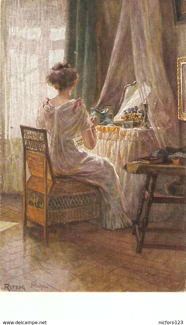 "H.Rettig. Lady. Morgentoilette" Fine Painting, Vintage German PC - Paintings