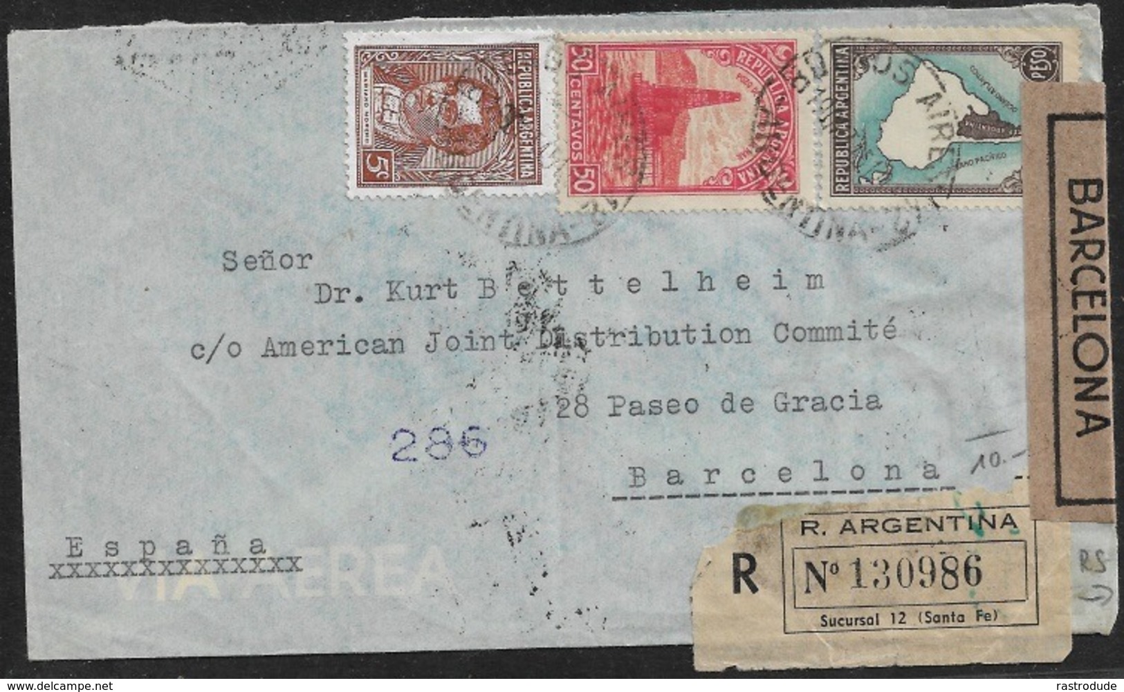 1945 ARGENTINA - REGISTERED AIRMAIL To SPAIN - CENSURA GUBERNATIVA BARCELONA - CORREO AEREO - Storia Postale