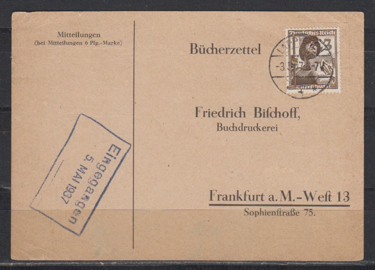 Dt.Reich Bücherzettel EF 643 Von Lappienen 3.5.37 - Storia Postale