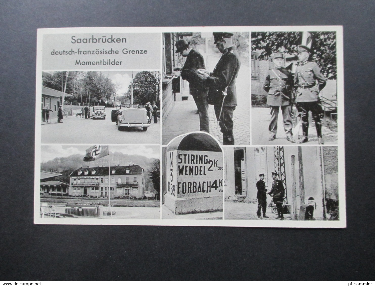 Mehrbildkarte 1940er Saarbrücken Deutsch-französische Grenze Momentbilder Grenzsoldaten / Wehrmacht / Restaurant / Autos - War 1939-45