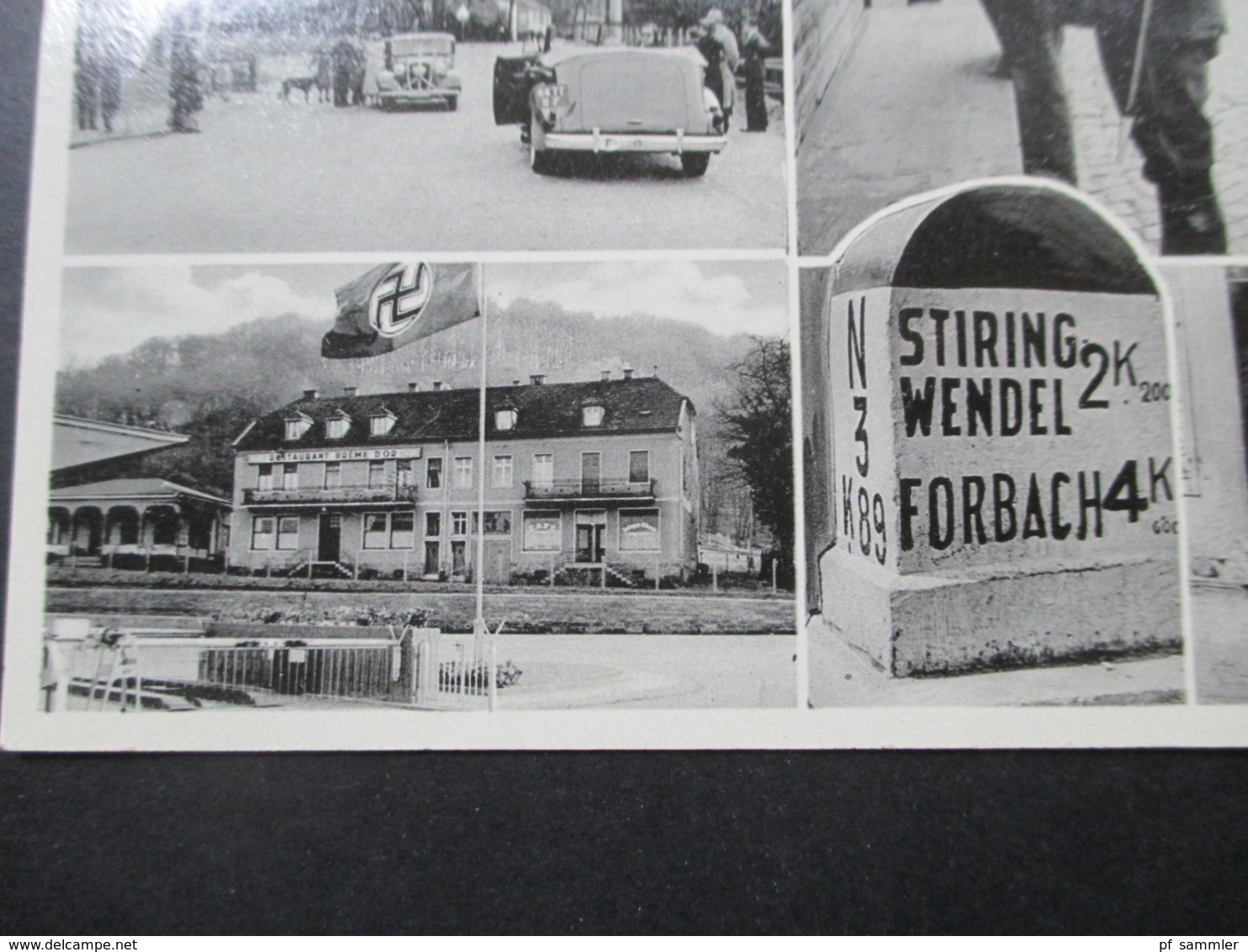 Mehrbildkarte 1940er Saarbrücken Deutsch-französische Grenze Momentbilder Grenzsoldaten / Wehrmacht / Restaurant / Autos - War 1939-45