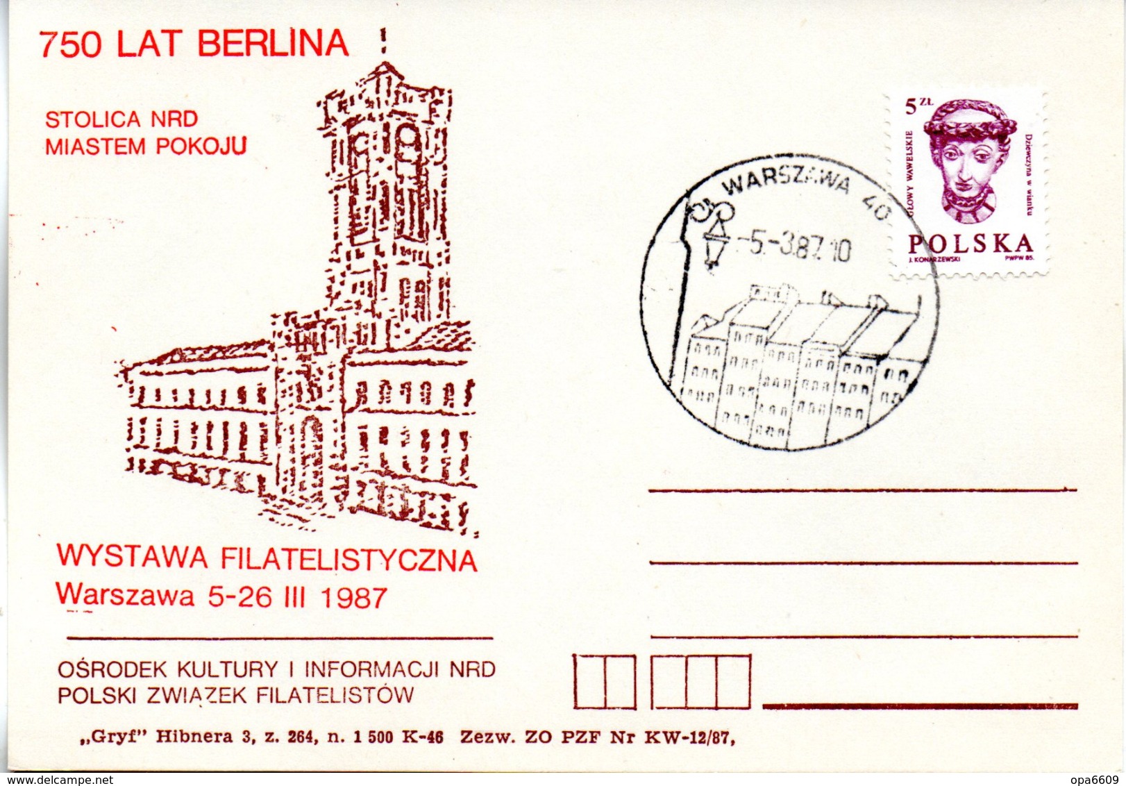 (Bu-B1) Polen Sonderkarte "750 Jahre Berlin" EF Mi 2986 SSt. 5.3.1987 Warszawa 40 - Briefe U. Dokumente