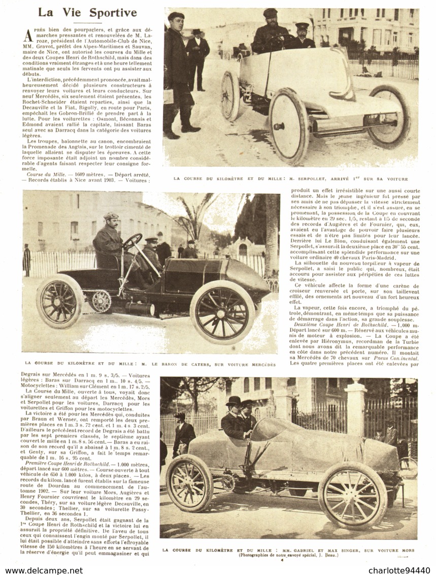 LA COURSE   " Du KILOMETRE Et Du  MILLE "  (SERPOLLLET / BARON De CATERS / GABRIEL ET SINGER )  1903 - Autres & Non Classés