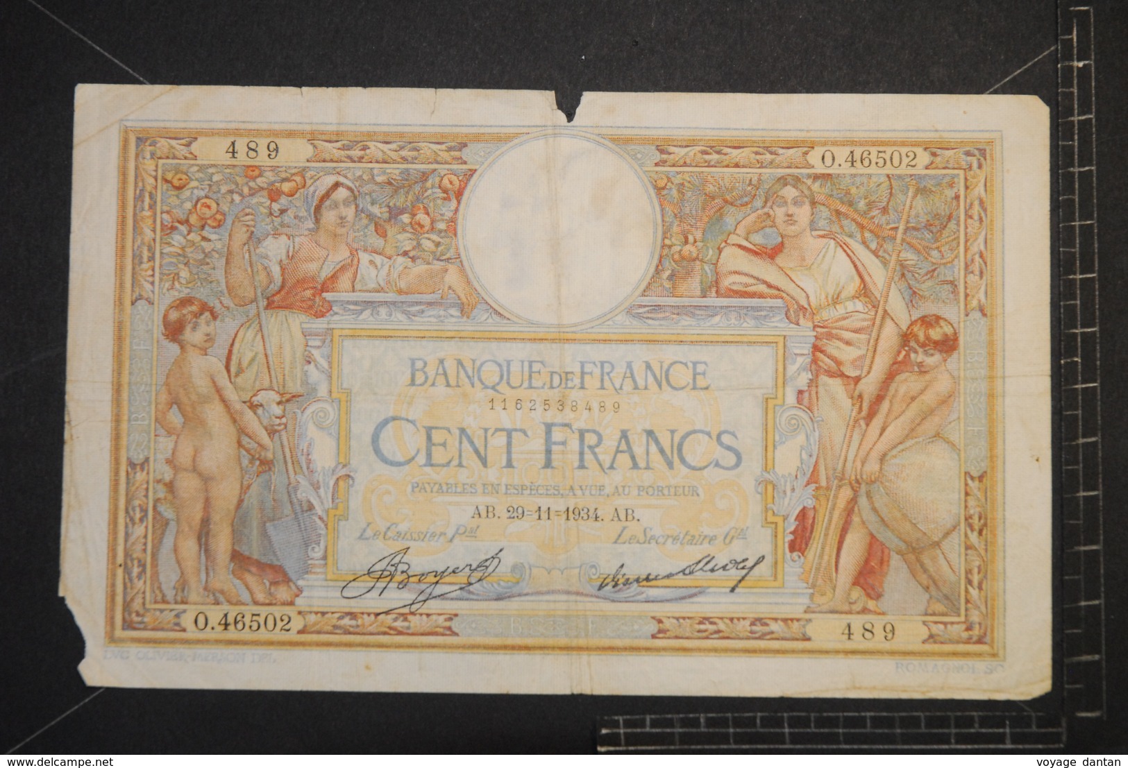 Billet, FRANCE, 100 Francs Luc Olivier Merson 29/11/1934 AB   Serie O.46502  489 - 100 F 1908-1939 ''Luc Olivier Merson''