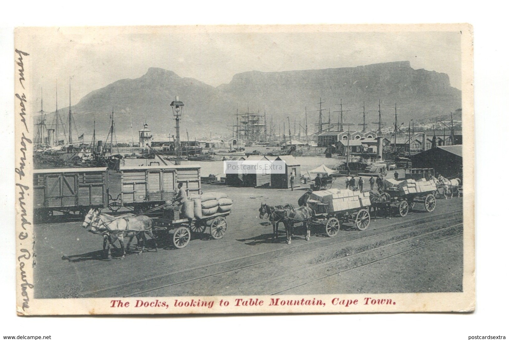 Cape Town - The Docks, Table Mountain, Horse Wagons, Tall Ships - Old South Africa Postcard - South Africa