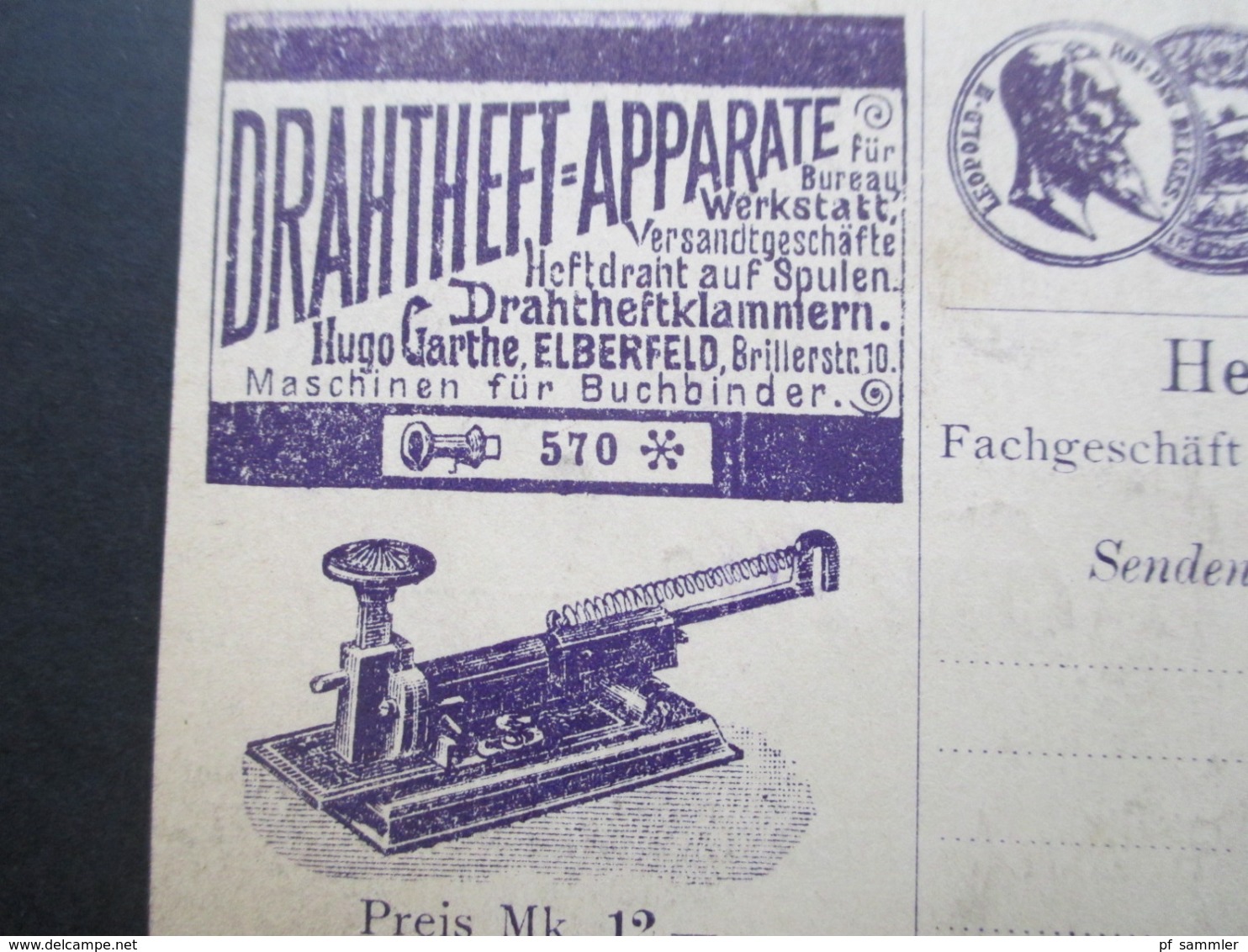 DR Um 1890 Reichspost Privat GA / PP Firmenkarte Hugo Garthe Elberfeld Gedruckte Werbung Drahtheft Apparate Buchbinder - Briefe U. Dokumente