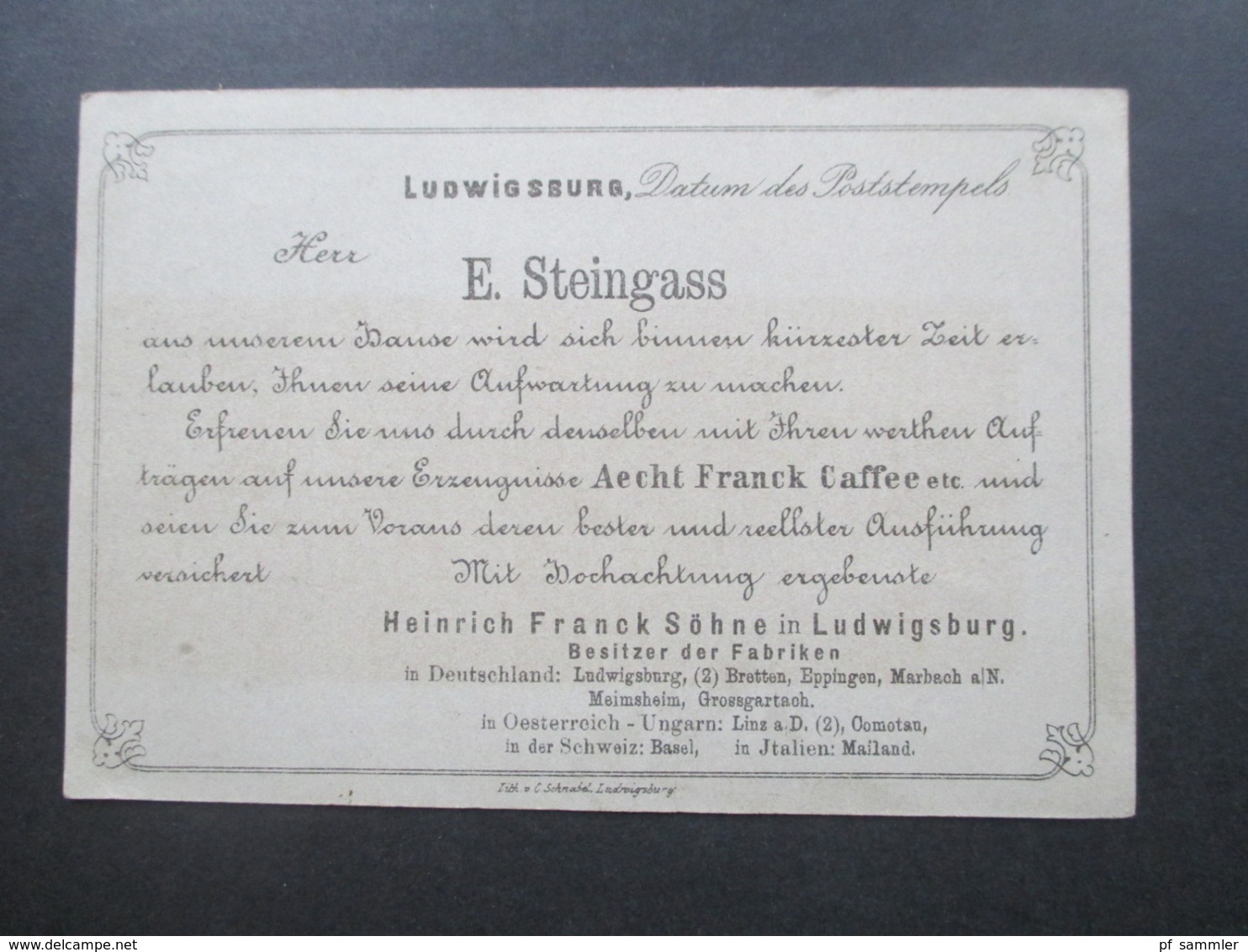 AD Württemberg 1889 Nr. 44 EF Auf Vertreter Ankündigungskarte Ludwigsburg Heinrich Franck Söhne Aecht Franck Caffee - Brieven En Documenten