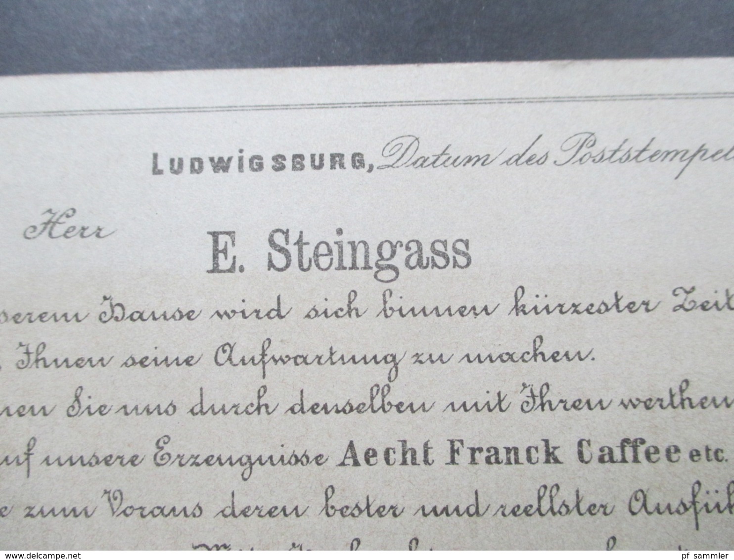 AD Württemberg 1889 Nr. 44 EF Auf Vertreter Ankündigungskarte Ludwigsburg Heinrich Franck Söhne Aecht Franck Caffee - Storia Postale