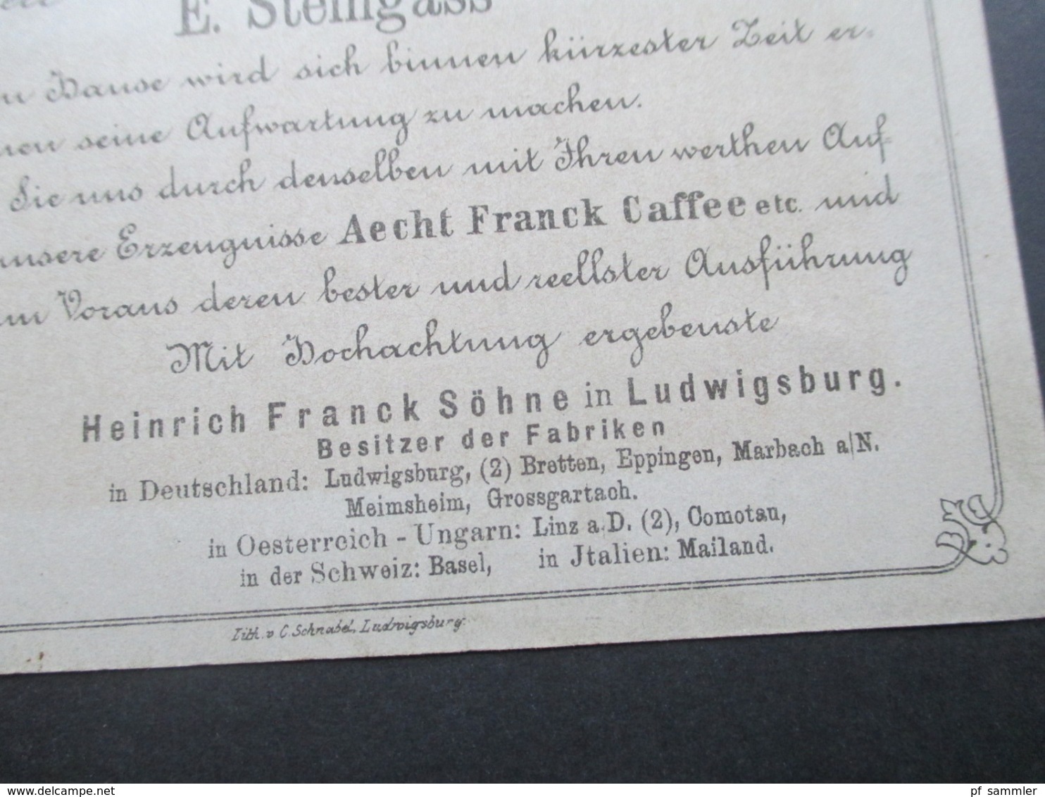 AD Württemberg 1889 Nr. 44 EF Auf Vertreter Ankündigungskarte Ludwigsburg Heinrich Franck Söhne Aecht Franck Caffee - Brieven En Documenten