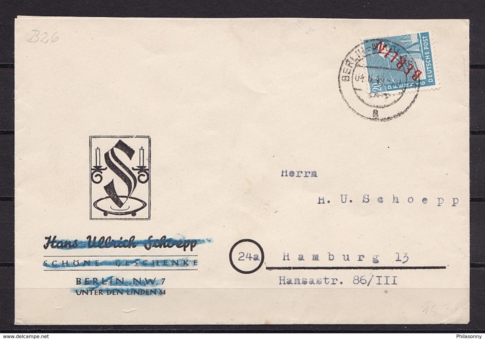 BERLIN MiNr 26 ROTAUFDRUCK EF BERLIN-NIKOLASSEE Nach Hamburg 4.6.1949 - Cartas & Documentos