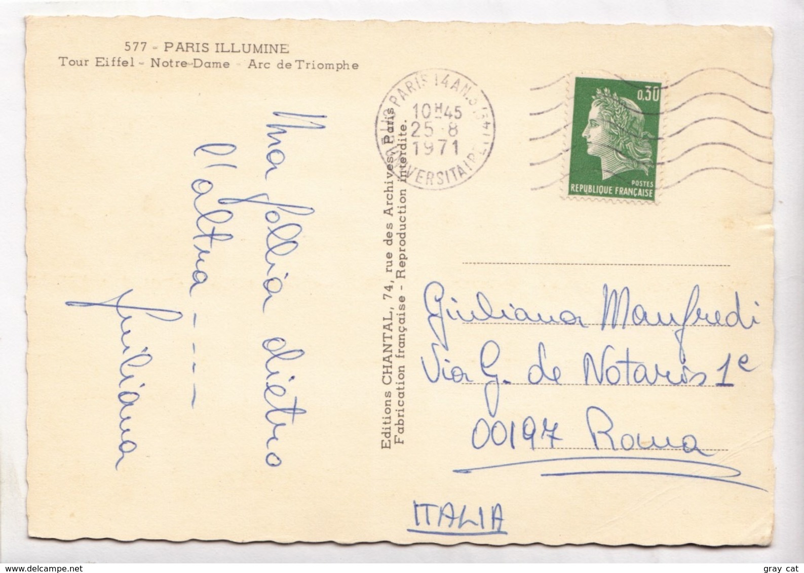 PARIS ILLUMINE, Tour Eiffel, Notre-Dame, Arc De Triomphe, 1971 Used Postcard [23499] - Paris By Night