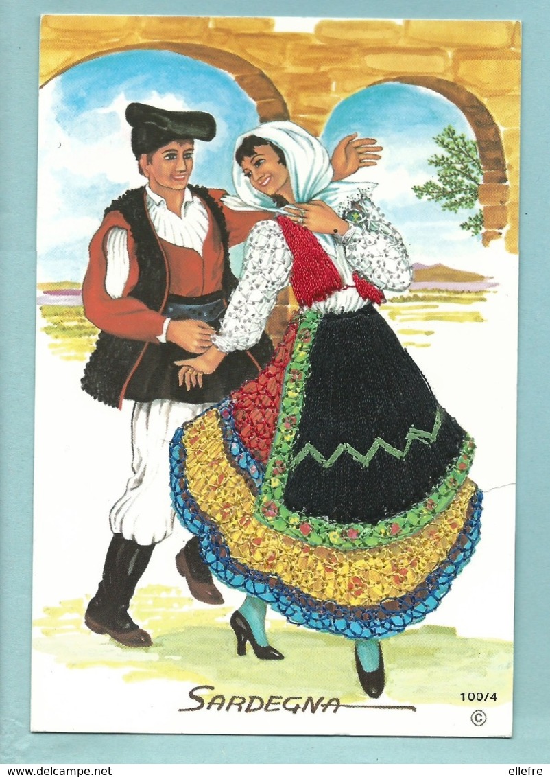 Carte Brodée Italie Sardegna Sardaigne - Folklore Costume Couple - Ecrite En 2005 - Brodées