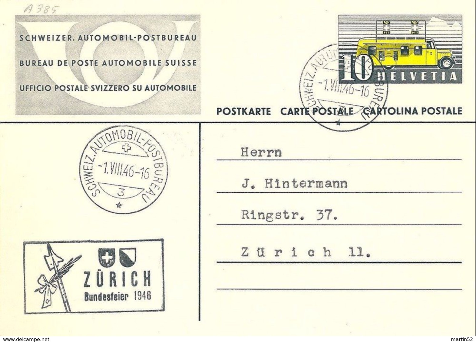 Schweiz Suisse 1946: Autopost-Karte Mit O AUTOMOBILPOSTBUREAU 1.VIII.46 ZÜRICH Bundesfeier 1946 - Lettres & Documents