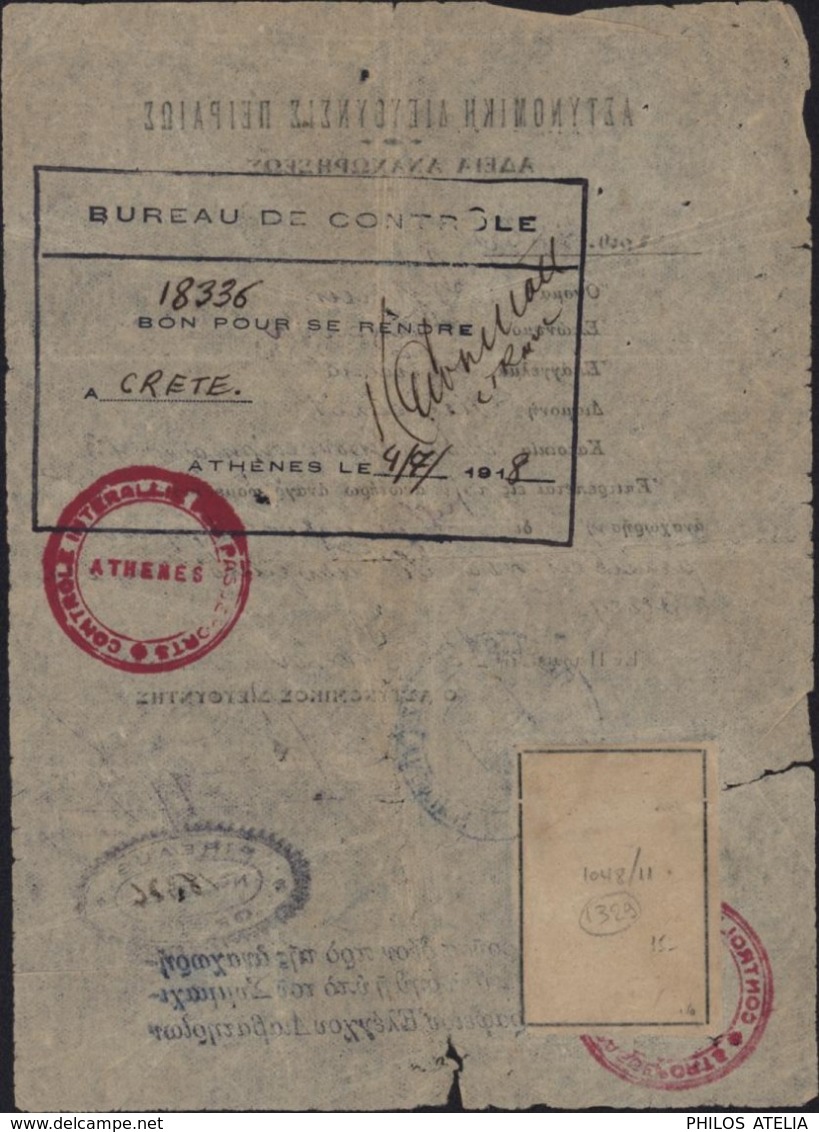 Laissez Passer Voyage Athènes Pour Crète Avec Visa Contrôle Interalliés Des Passeports Athènes 4 7 18 Guerre 14 - Guerre De 1914-18
