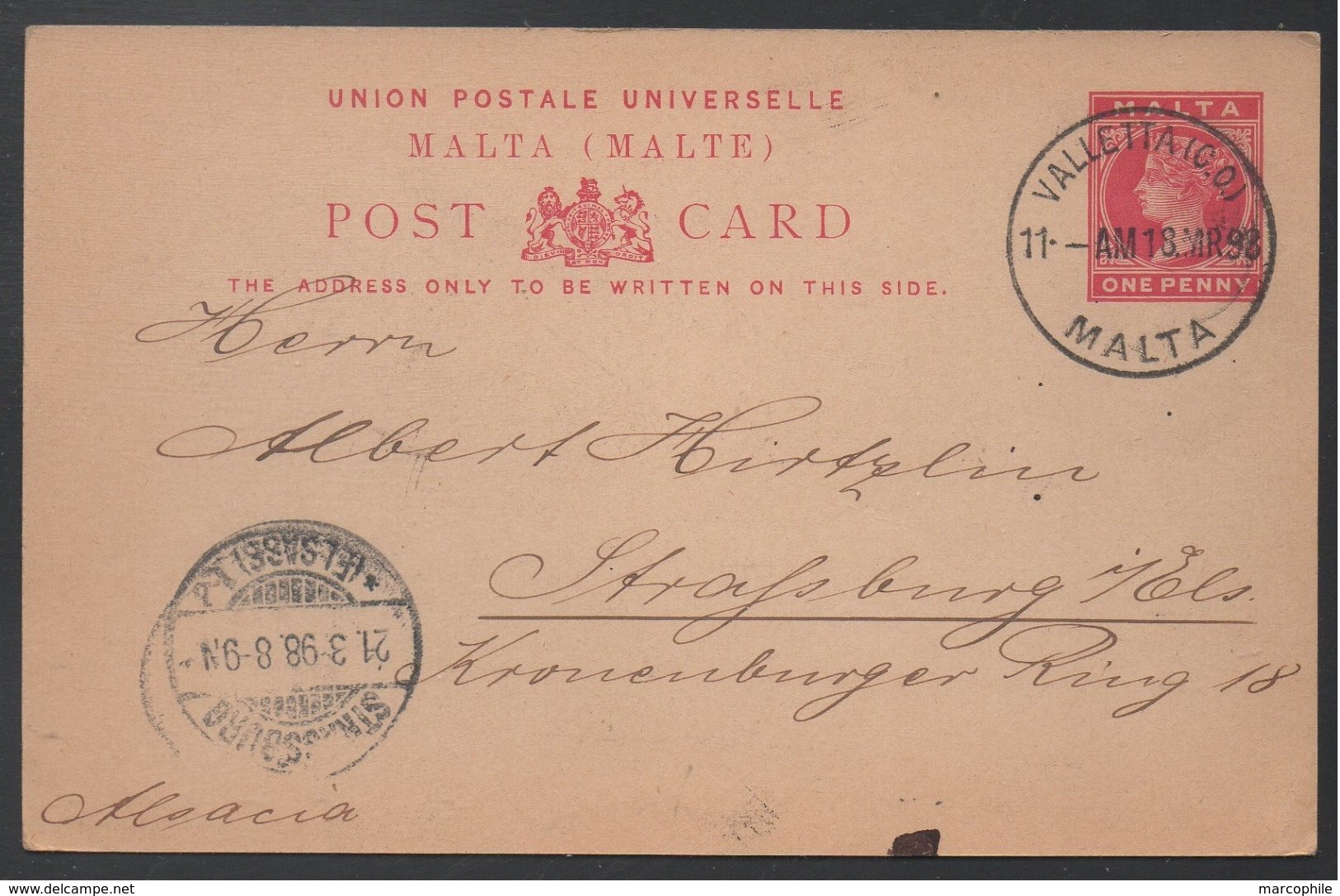 MALTE - MALTA - QV - VALLETTA / 1898 ENTIER POSTAL POUR STRASBOURG (ref LE365) - Malte