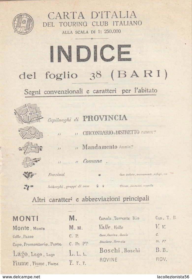 9514-CARTA D'ITALIA DEL TOURING CLUB ITALIANO-BARI-1939 - Carte Geographique