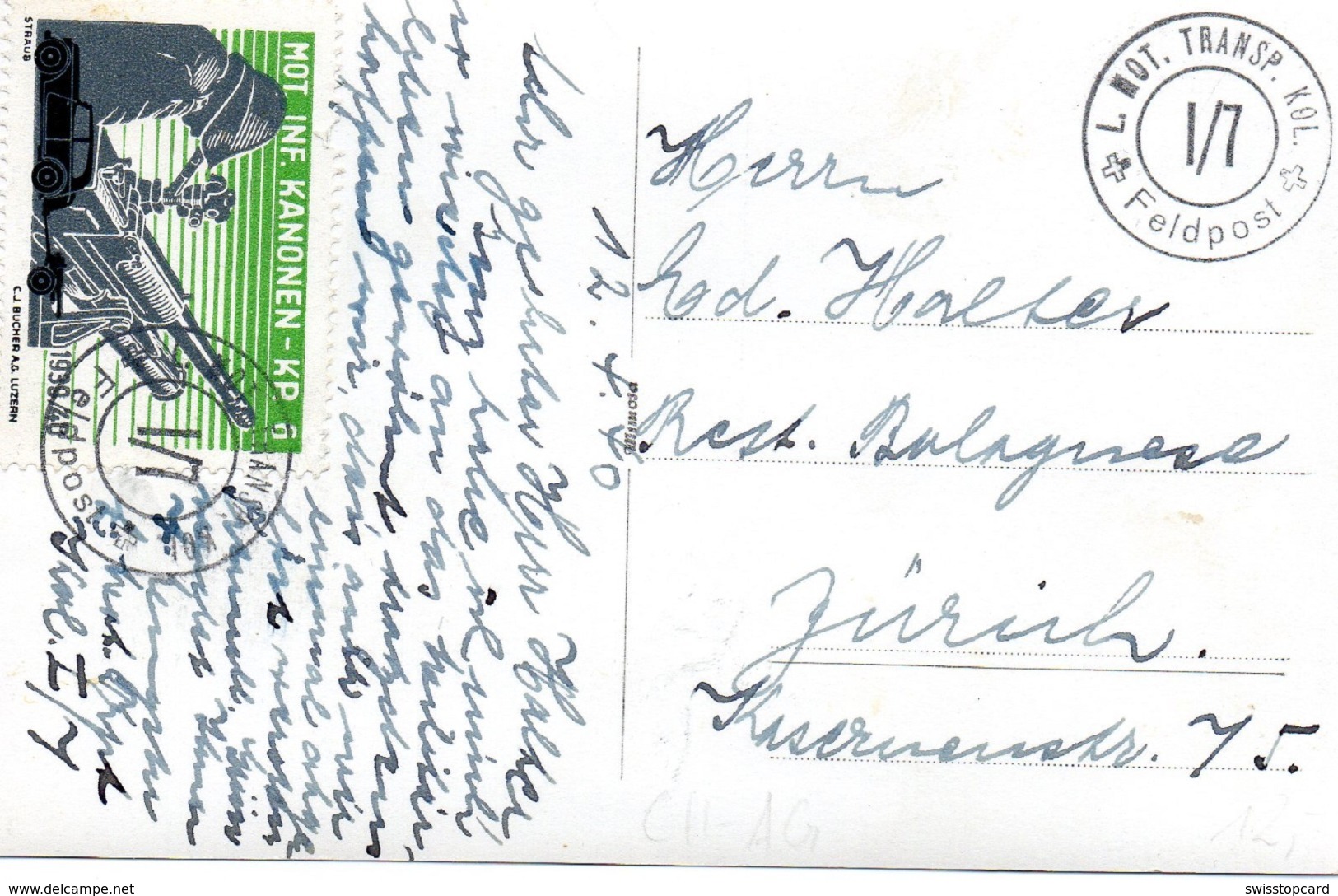 TÄGERIG (Bezirk Bremgarten) 1940 Gel. Feldpost Einheit MOT INF KANONEN KP Mit Briefmarke - Bremgarten