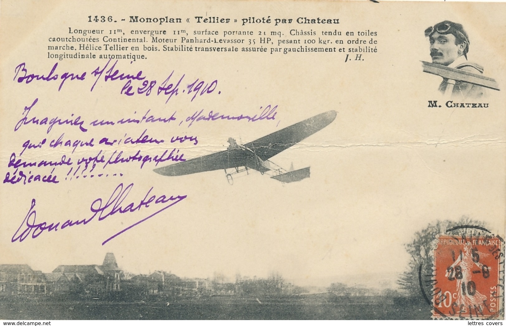 M. CHATEAU - Texte Et Signature AUTOGRAPHE Sur CP " Monoplan " Tellier " Piloté Par Chateau " - Pionnier Aviateur - Aviateurs