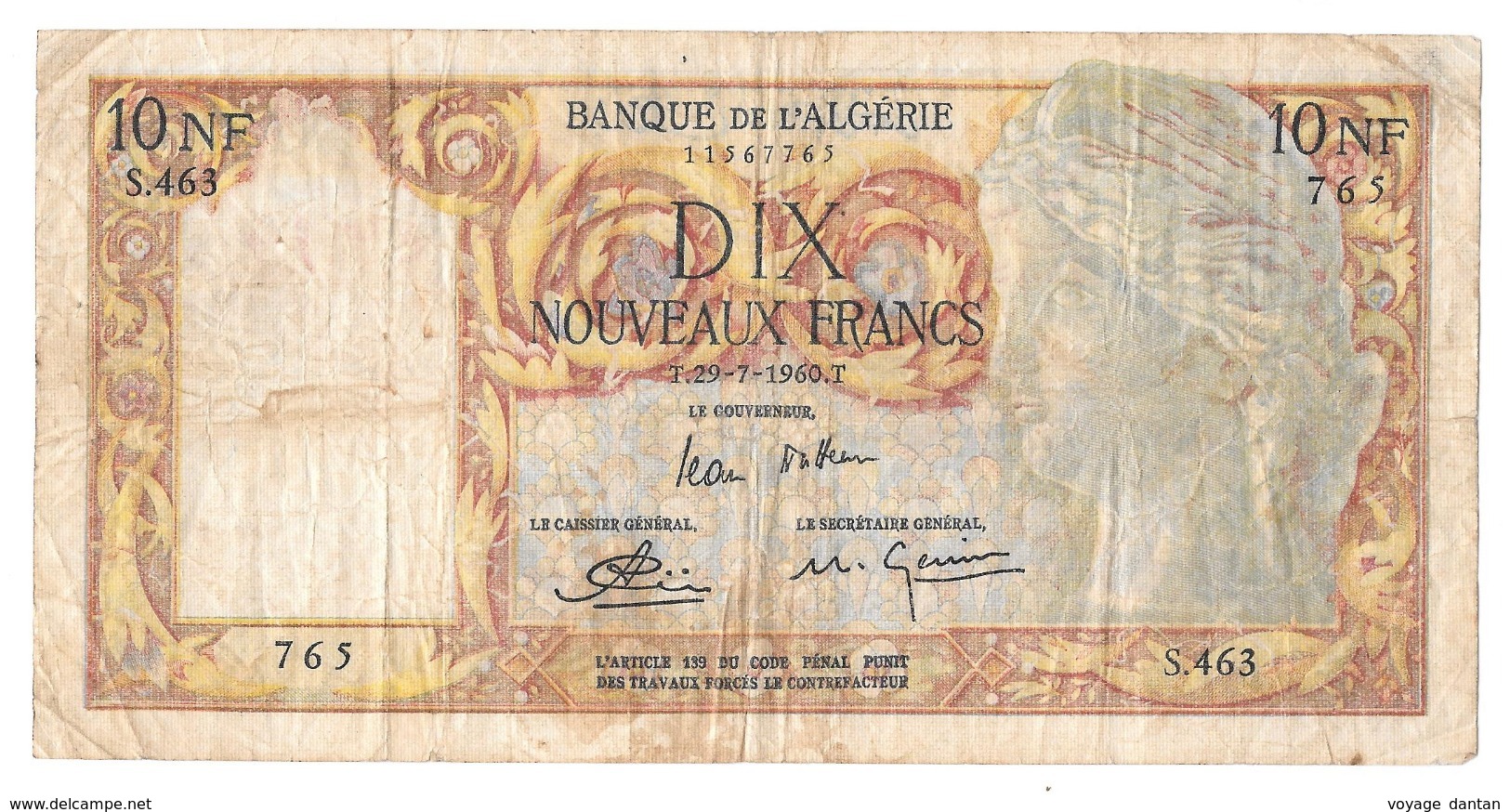 Billet, ALGERIE, 10 Nouveaux Francs Banque De L'Algérie 29/07/1960 T S.463 765 - Argelia