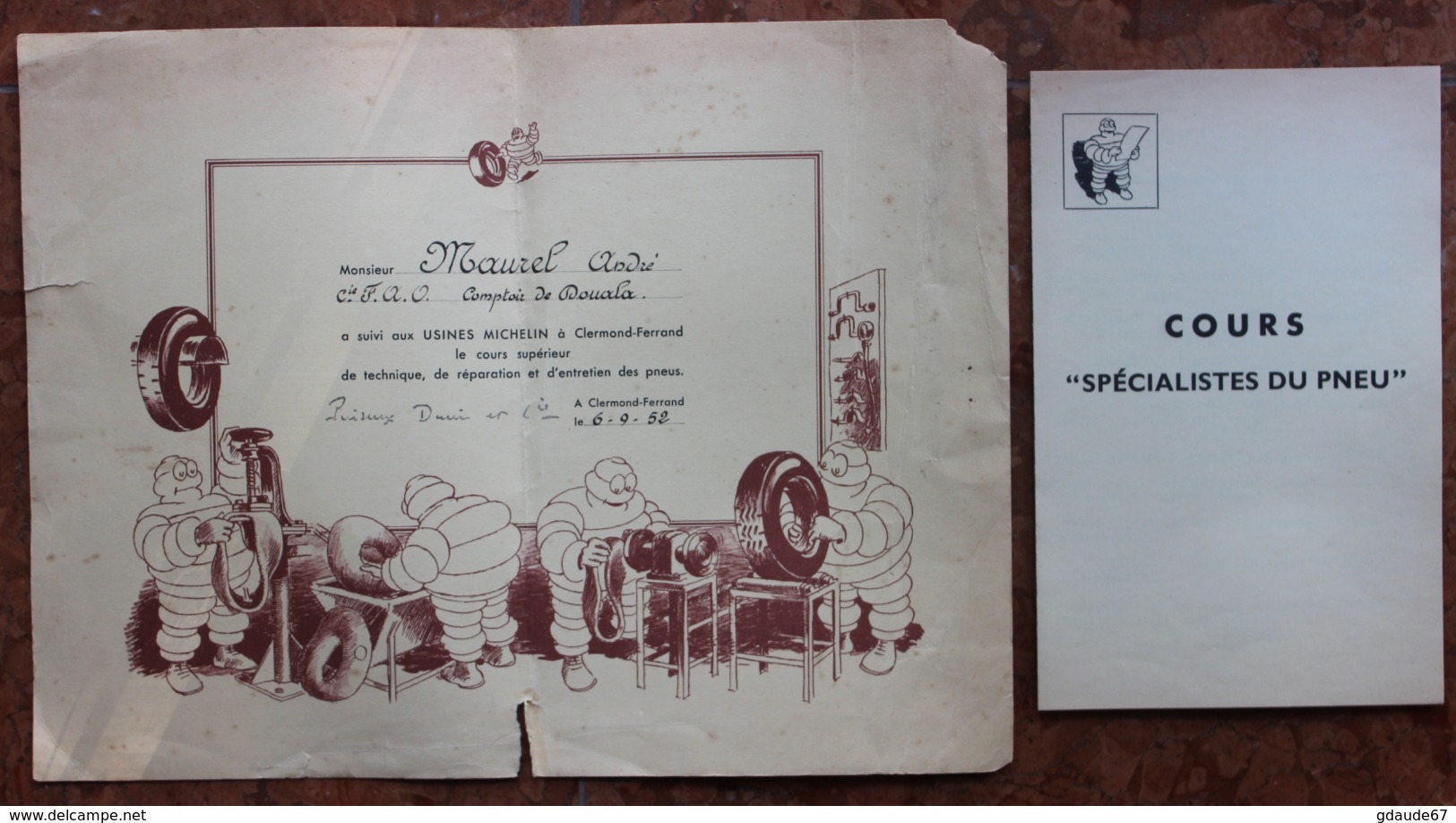 1952 - CERTIFICAT D’ASSIDUITE AUX COURS Des USINES MICHELIN à CLERMONT FERRAND (PUY DE DOME) + LISTE DES PARTICIPANTS - Diplômes & Bulletins Scolaires