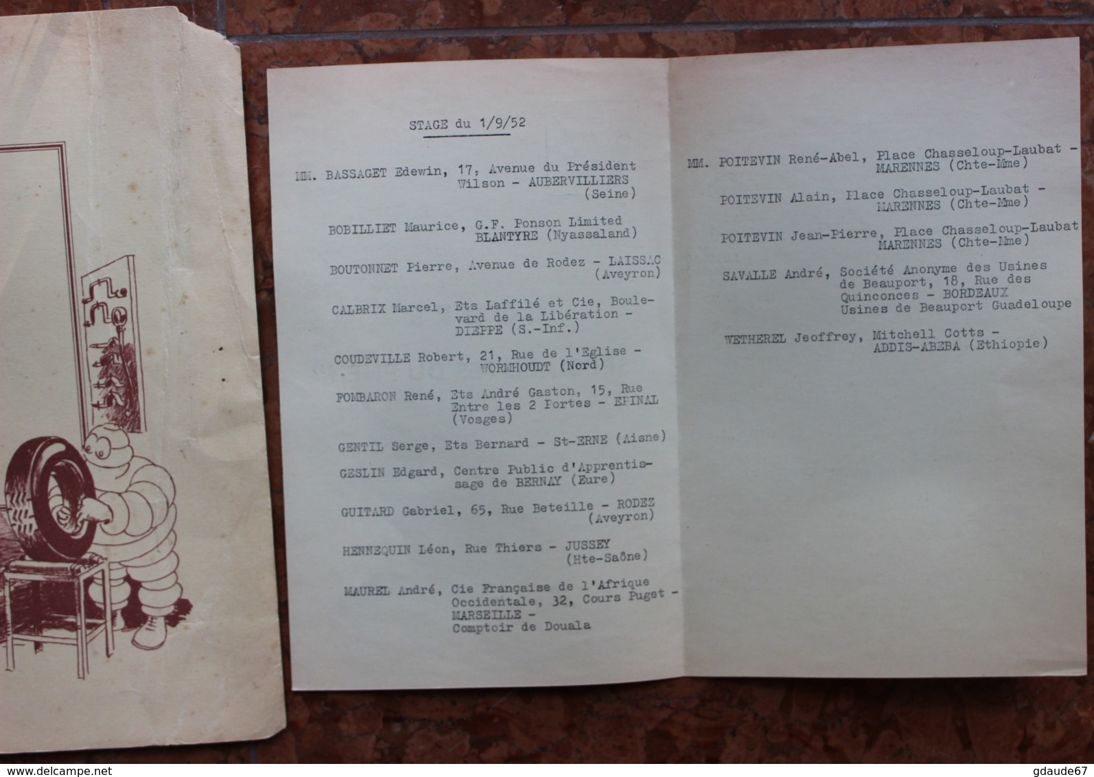 1952 - CERTIFICAT D’ASSIDUITE AUX COURS Des USINES MICHELIN à CLERMONT FERRAND (PUY DE DOME) + LISTE DES PARTICIPANTS - Diplômes & Bulletins Scolaires