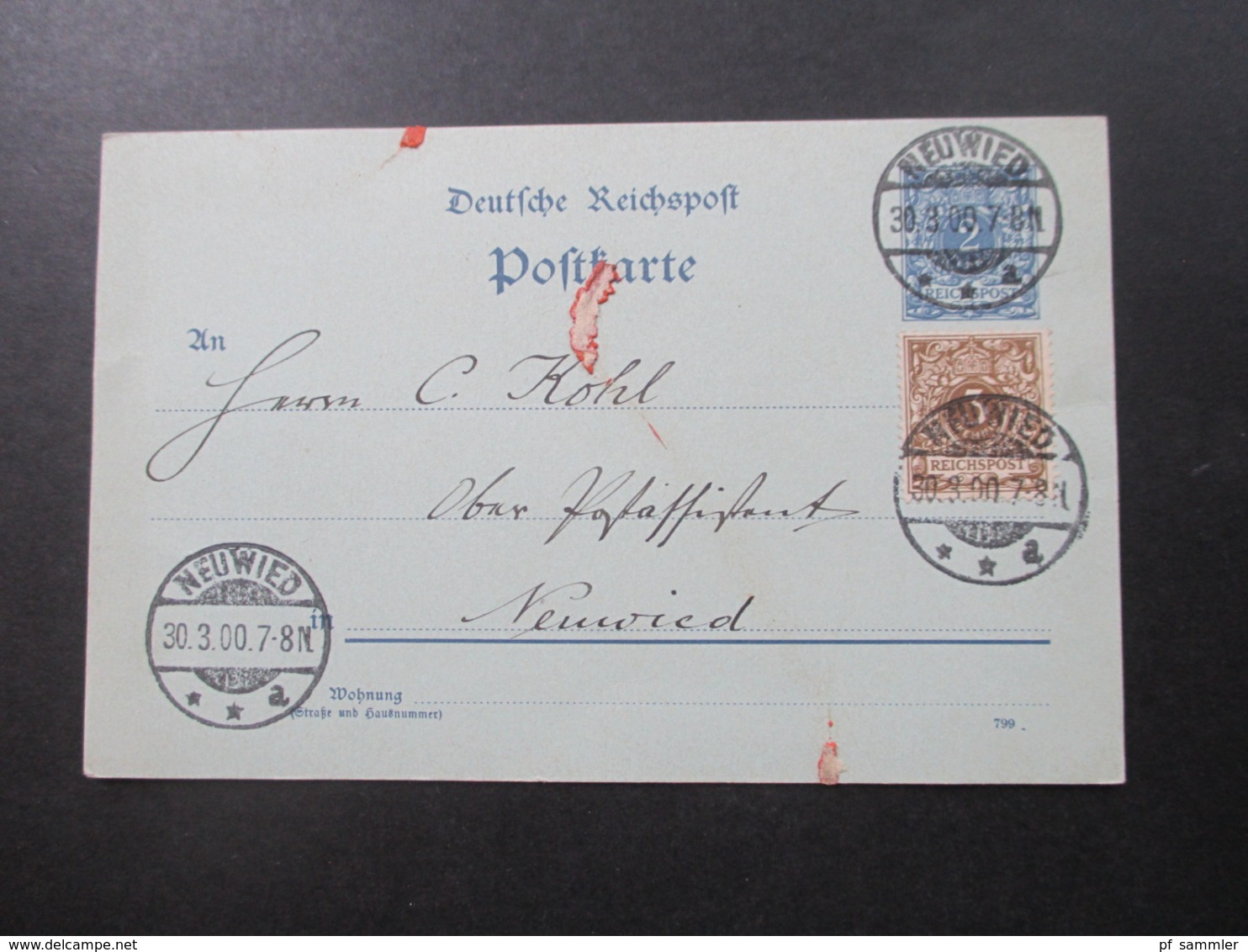 DR 30.3.1900 Reichspost Ganzsache Mit Zusatzfrankatur Krone / Adler Ortspostkarte C. Kohl Ober Postassistent In Neuwied - Briefe U. Dokumente