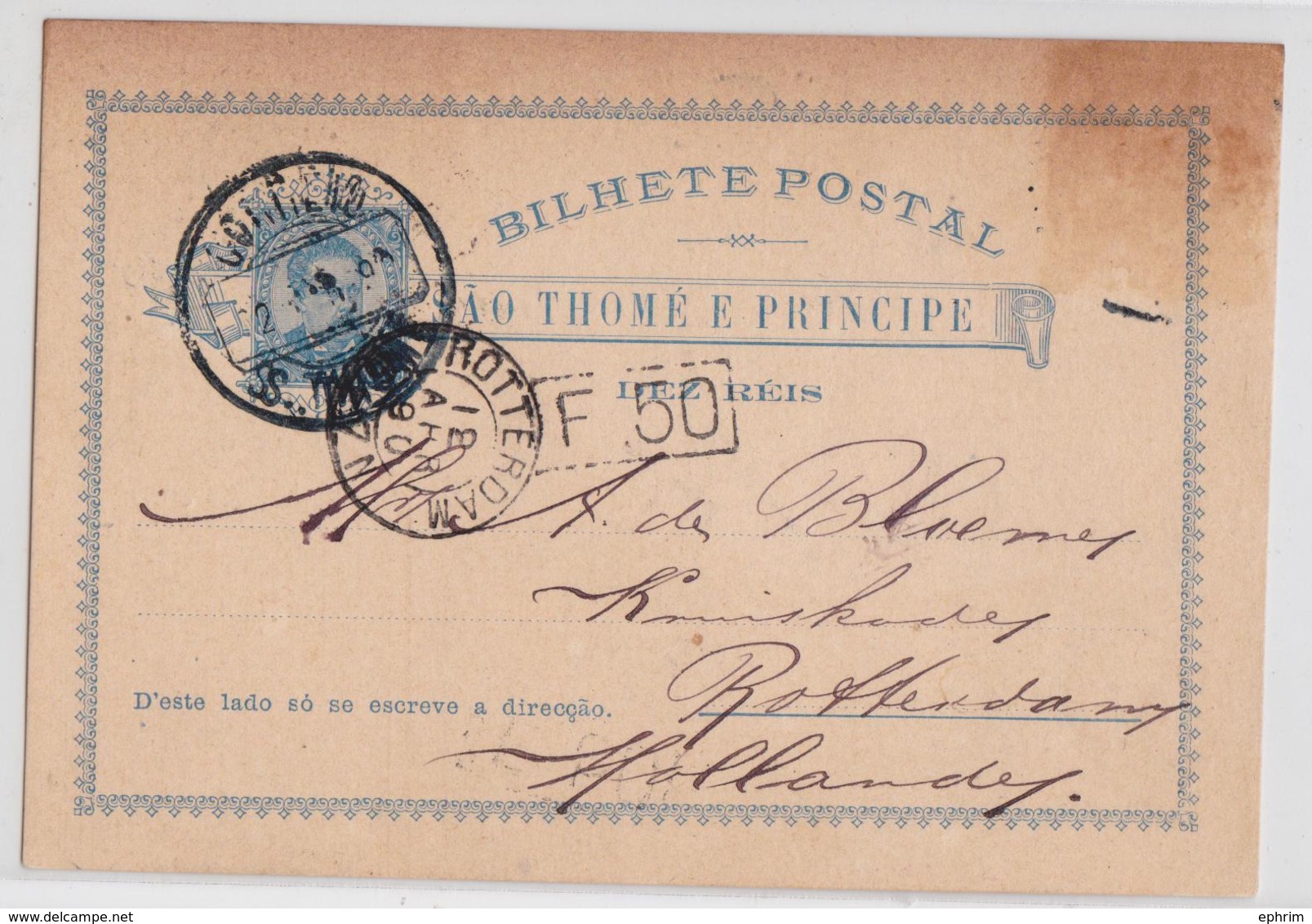 São Thomé E Principe Bilhete Postal Dez Reis 1890 Rotterdam Carte Entier Stationary Postcard - St. Thomas & Prince