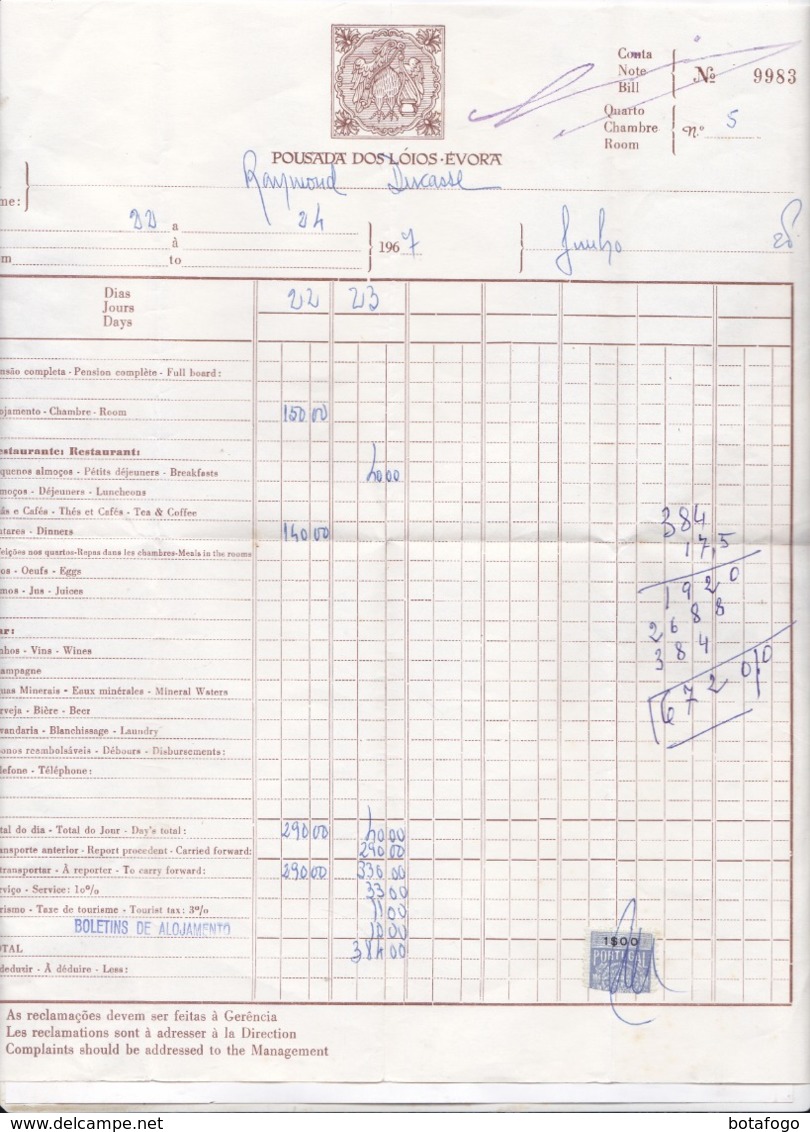 FACTURE PORTUGAL (avec Timbre Taxe?), POUSADA DOS LOIOS, EVORA, En 1967! - Portugal