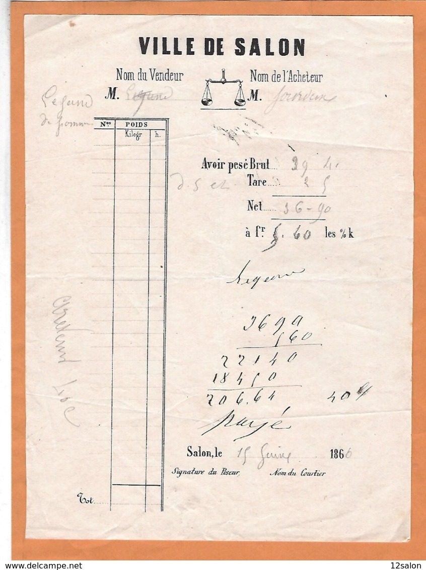 FRANCE BOUCHE DU RHONE 13 SALON DE PROVENCE VILLE DE SALON BORDEREAU DE PESEUR 1866 - 1800 – 1899
