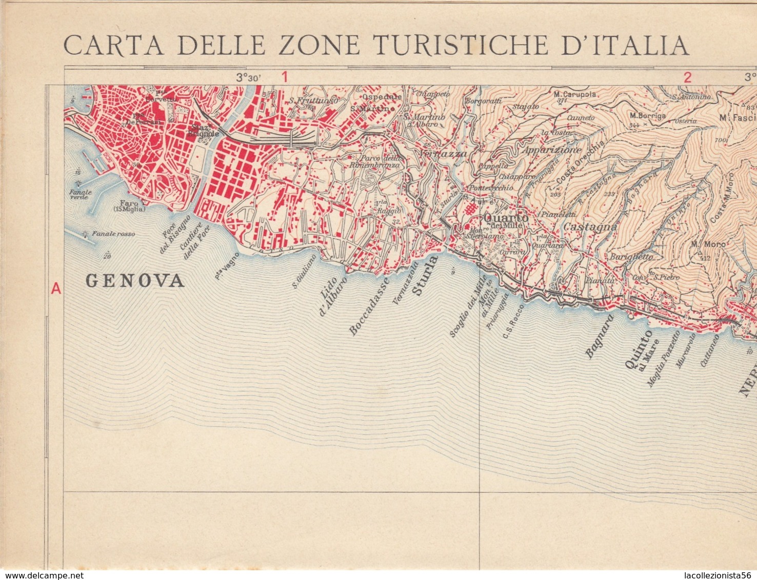 9520-CARTA D'ITALIA DEL TOURING CLUB ITALIANO-LA RIVIERA DI LEVANTE DA GENOVA A SESTRI - Carte Geographique