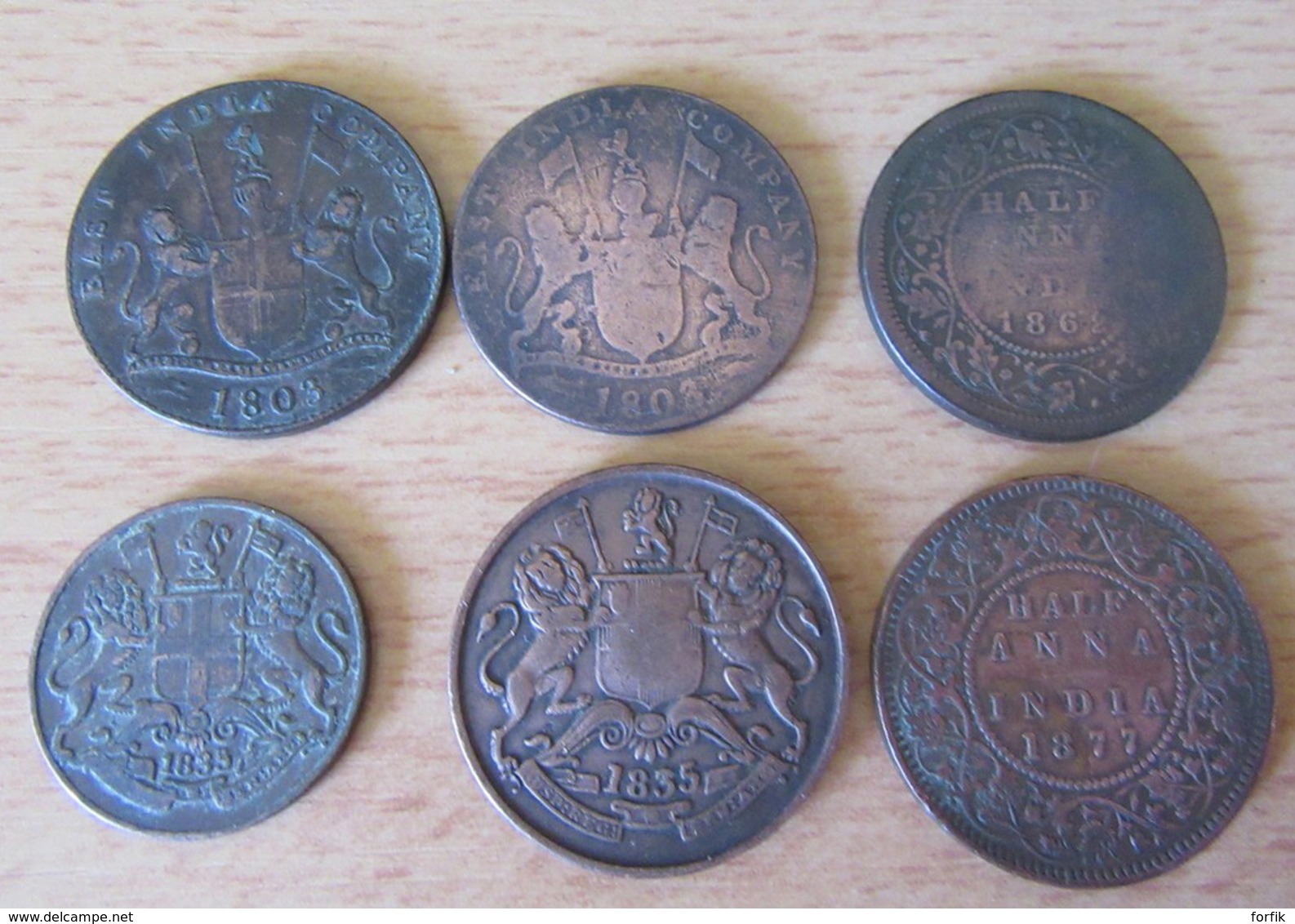 Inde Britannique / East India Company - 6 Monnaies : XX Cash 1803 / 1808, Quarter Hanna 1835, Half Hanna 1835/1862/1877 - Colonies