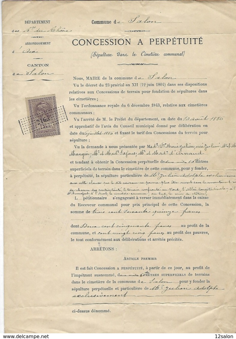 FRANCE BOUCHE DU RHONE 13 SALON DE PROVENCE CONCESSION VILLE DE SALON 1886 - 1800 – 1899
