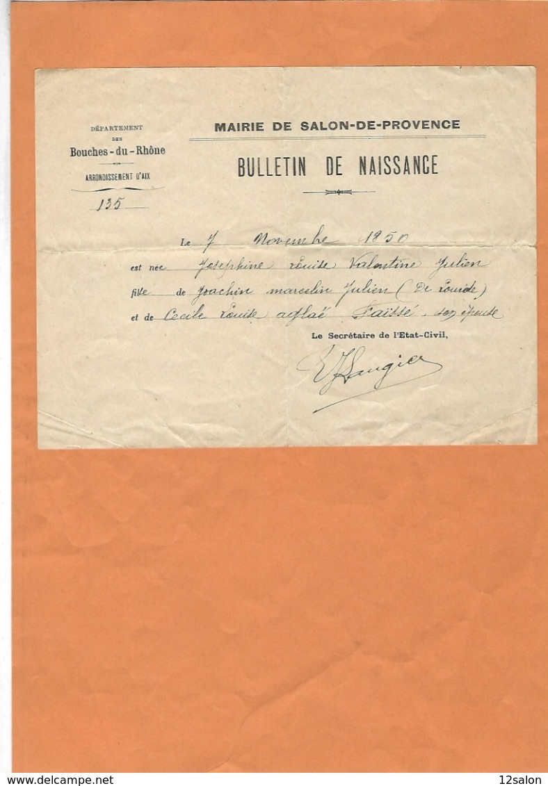 FRANCE BOUCHE DU RHONE 13 SALON DE PROVENCE BULLETIN DE NAISSANCE 1850 - 1800 – 1899