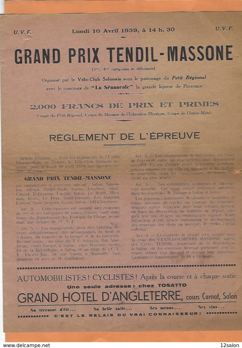 FRANCE BOUCHE DU RHONE 13 SALON DE PROVENCE 15 PUBLICITÉ COURSE CYCLISTE  1939 - 1900 – 1949