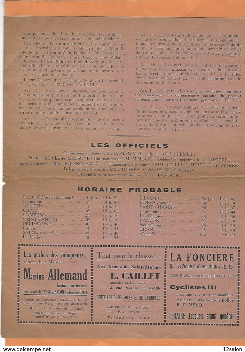 FRANCE BOUCHE DU RHONE 13 SALON DE PROVENCE 15 PUBLICITÉ COURSE CYCLISTE  1939 - 1900 – 1949