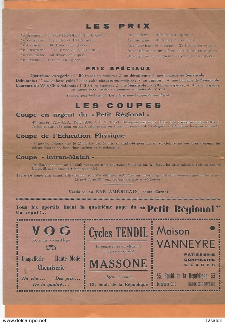 FRANCE BOUCHE DU RHONE 13 SALON DE PROVENCE 15 PUBLICITÉ COURSE CYCLISTE  1939 - 1900 – 1949