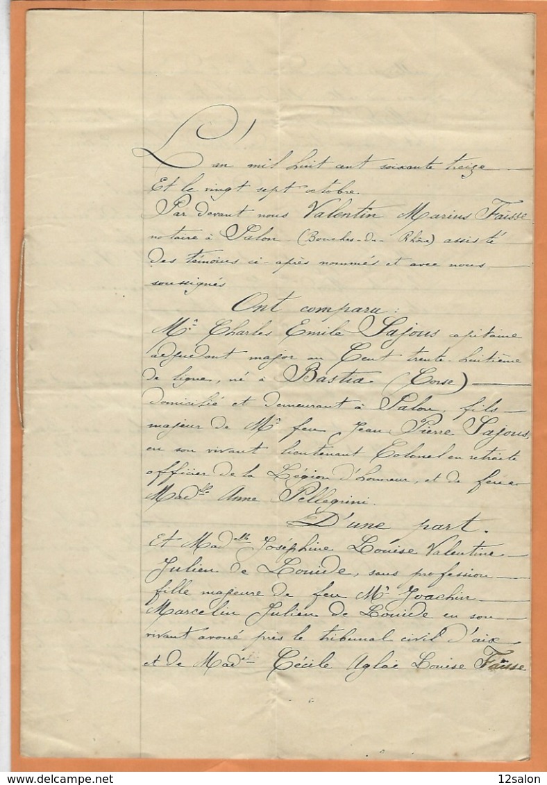 FRANCE BOUCHE DU RHONE 13 SALON DE PROVENCE ACTE FAISSE NOTAIRE 1873 - 1800 – 1899