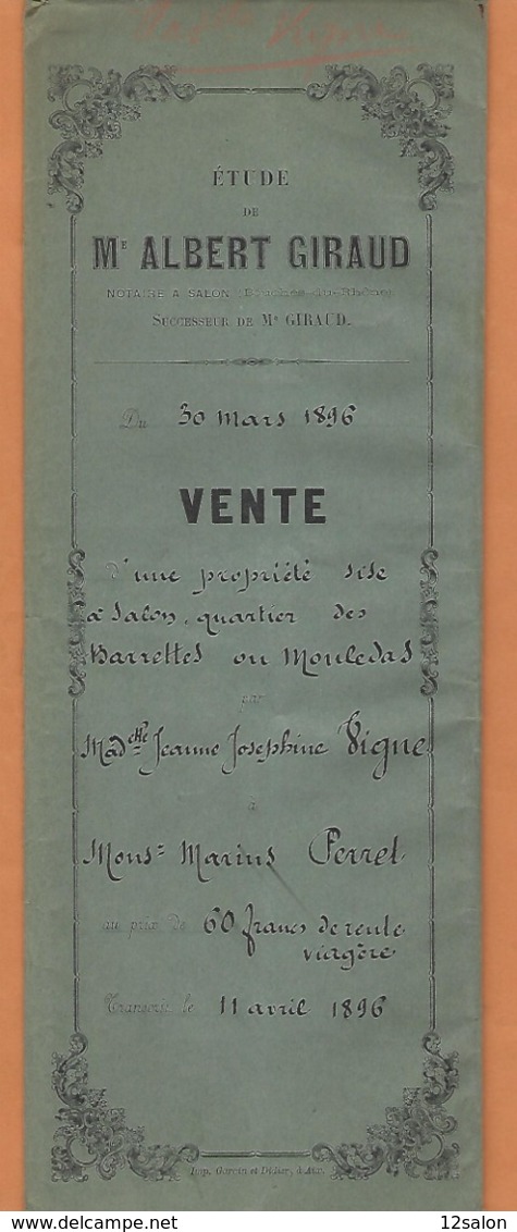 FRANCE BOUCHE DU RHONE 13 SALON DE PROVENCE ACTE GIRAUD NOTAIRE 1896 - 1800 – 1899