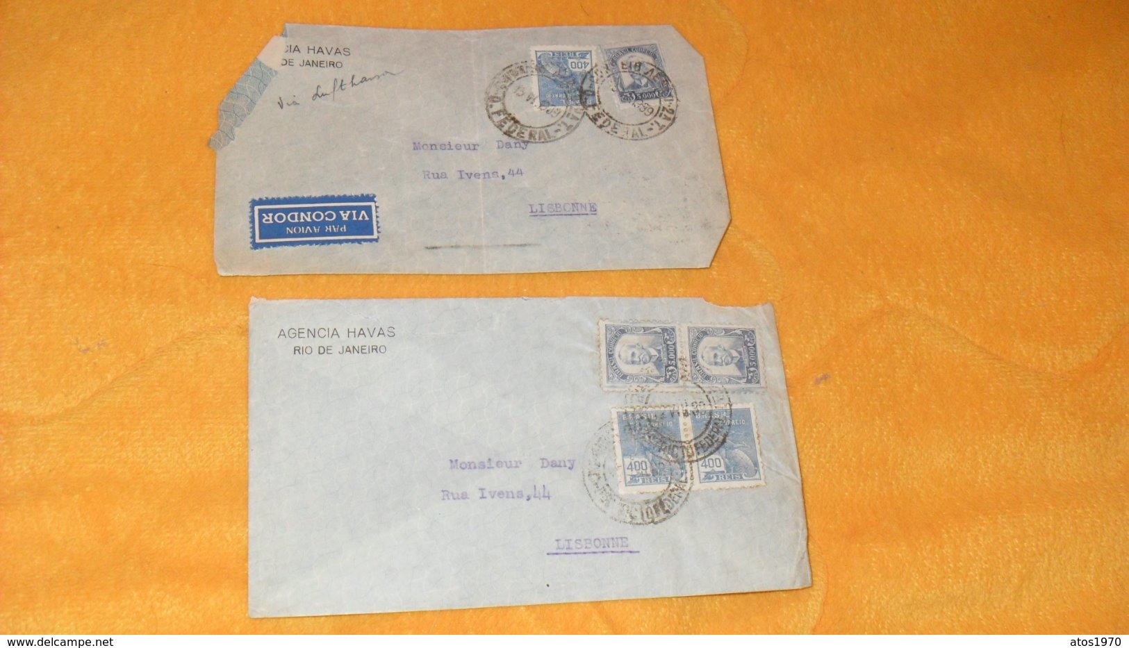 LOT DE 2 ENVELOPPES ANCIENNES DE 1939.../ AGENCIA HAVAS RIO DE JANEIRO BRESIL POUR LISBONNE PORTUGAL..CACHETS + TIMBRES. - Lettres & Documents